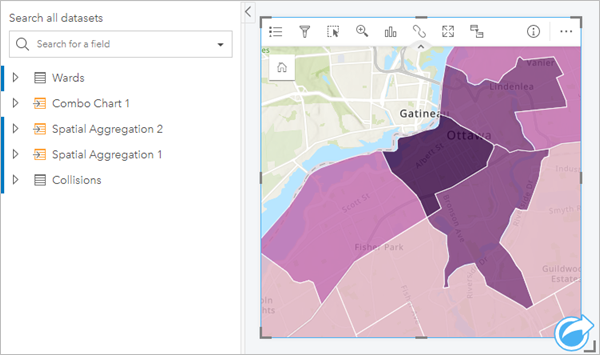 Eine aktive Kachel mit hervorgehobenen Upstream-Datasets im Datenbereich