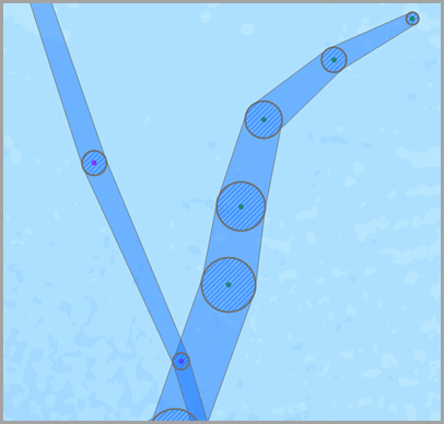 Dargestellt wird ein Beispiel für Eingabepunkte (grün), Zwischenpuffer für Visualisierung (blaue Schraffur) und dem resultierendem polygonalem Track (blau).