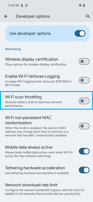 Die Einstellung der WLAN-Scan-Drosselung ist in den Entwickleroptionen deaktiviert.