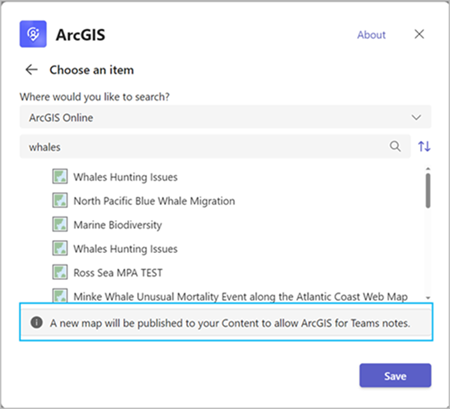 Bereich "Element auswählen" in ArcGIS for Teams