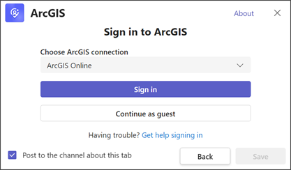 ArcGIS for Teams ─ Aufforderung zum Anmelden bei ArcGIS oder zum Fortsetzen des Vorgangs als Gast