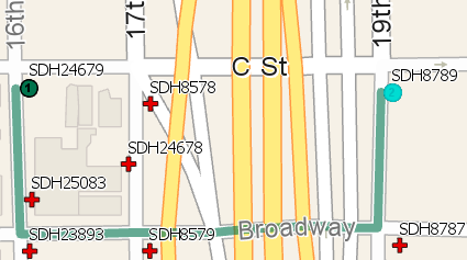 Mit dem Reisemodus "Fire Truck Height Restriction" erstellte Route