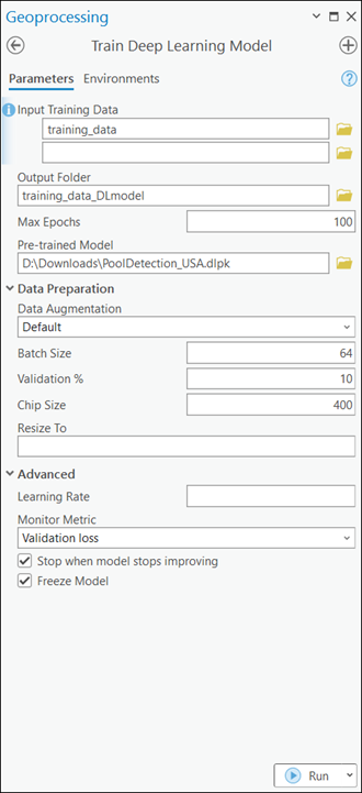 Parameter des Werkzeugs "Deep-Learning-Modell trainieren"