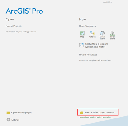 Option "Andere Projektvorlage auswählen" in ArcGIS Pro