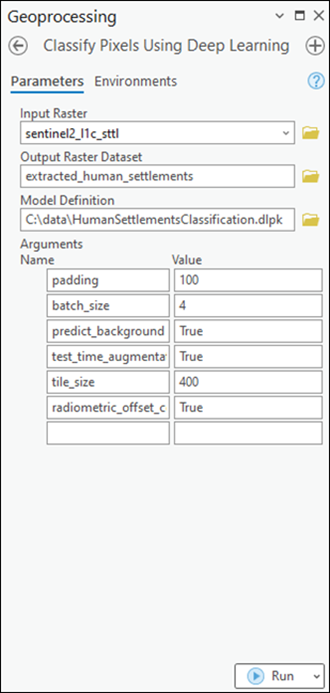 Werkzeug "Pixel mit Deep Learning klassifizieren" mit der Registerkarte "Parameter"