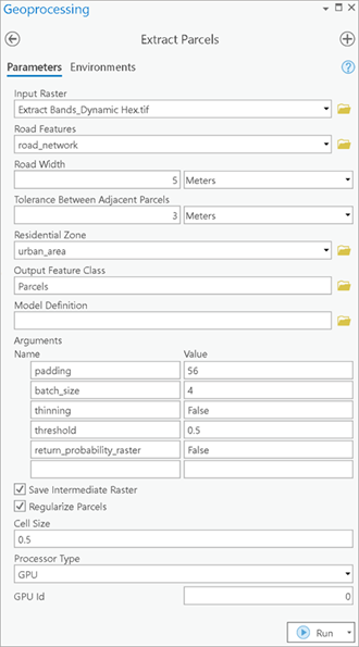 Parameter des Werkzeugs "Extract Parcels"