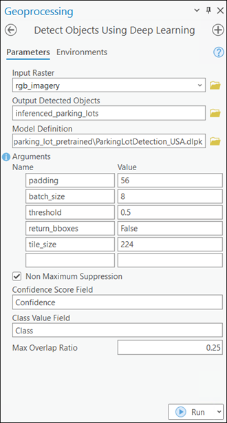 Werkzeug "Objekte mit Deep Learning erkennen" mit der Registerkarte "Parameter"
