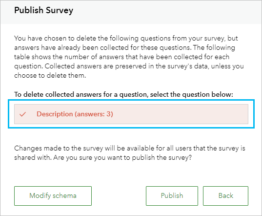 Veröffentlichen des Survey und Löschen der Frage