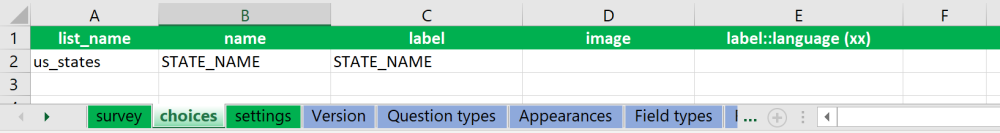 Auswahlliste für die Suche im Arbeitsblatt "survey"