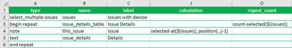 Beispiel der Funktionen "position(..)" und "selected-at()" in einem XLSForm