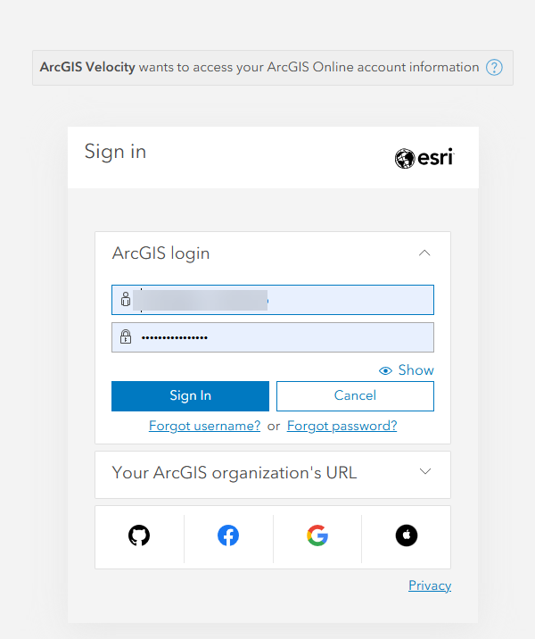 Mit ArcGIS Online-Anmeldedaten bei Velocity anmelden Mit ArcGIS Online-Anmeldedaten bei Velocity anmelden