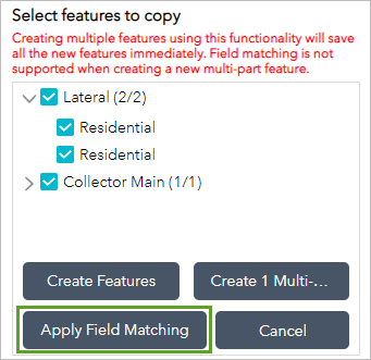 Bereich "Zu kopierende Features auswählen" mit der Schaltfläche "Feldabgleich anwenden"