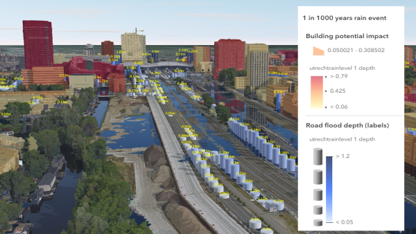 Affected buildings and roads symbolized by flooding depth