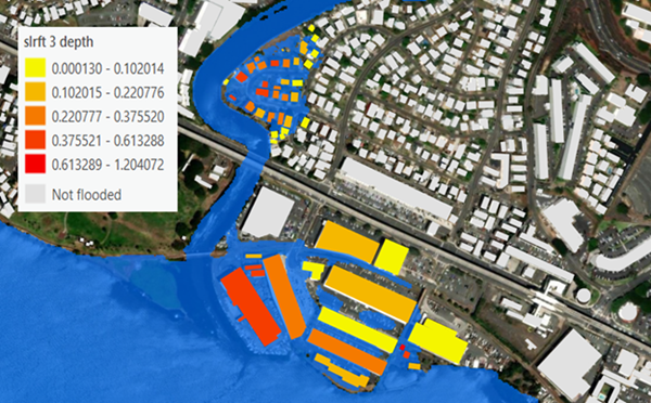 Affected buildings colored by flooding depth