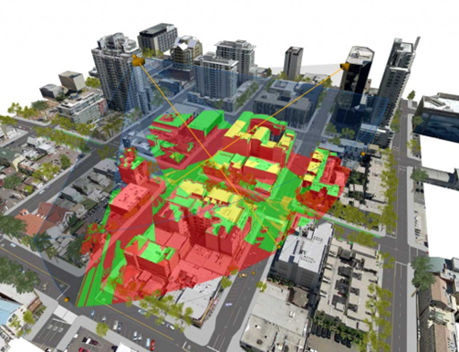 Visible and non-visible areas from two rooftop locations