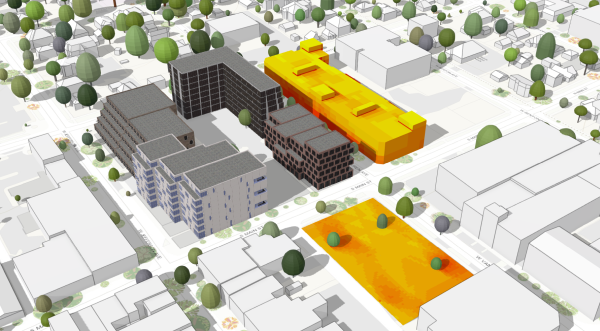 Shadow impact of a proposed development on a neighboring building and park