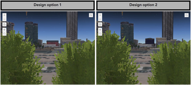 A comparison of two design options side-by-side in Experience Builder using synchronized scenes