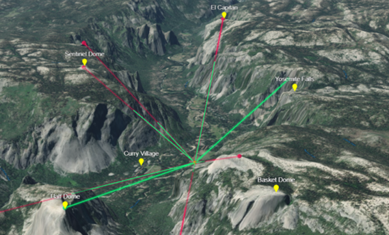 Line-of-sight analysis from Ahwahnee Lodge in the Yosemite basin