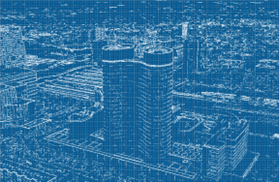 Blueprint visual effect applied to a view containing a city-scape