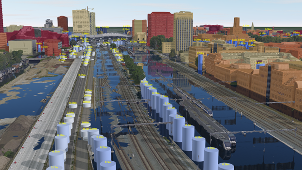 Visual representation of flood impact analysis on buildings and roads