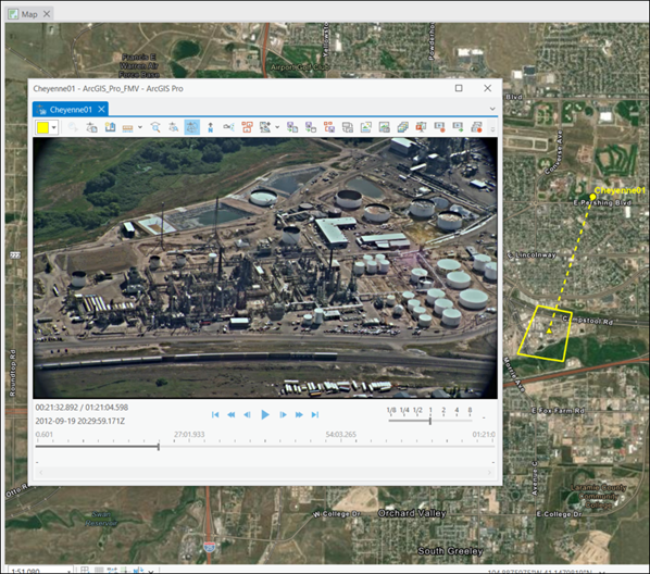 FMV video player with video footprint and sensor ground track displayed on the map