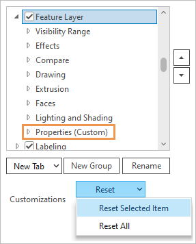 Selected tab with the Reset Selected Item command highlighted