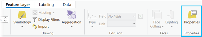 Feature Layer tab on the ribbon with the custom Properties group and Properties command