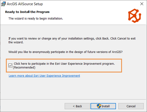 Esri User Experience Improvement program check box