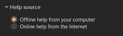 Help source setting on the General tab of the Options dialog box