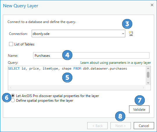 Connect to a database and define the SQL query for the new query layer.