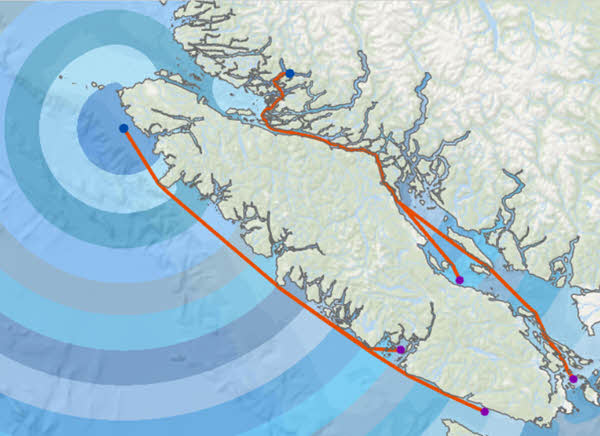 Image showing the distortion free distance accumulation raster with the optimal paths as lines