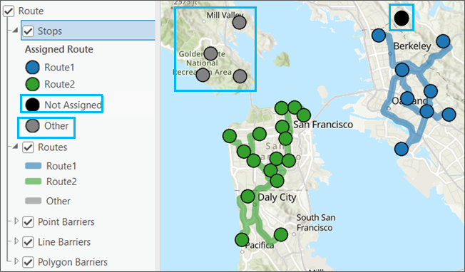 Features not assigned to a specific route are symbolized in black, and features assigned to a route but until the analysis is run are symbolized in gray.
