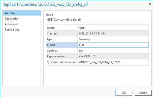 The General tab on the Replica Properties dialog box