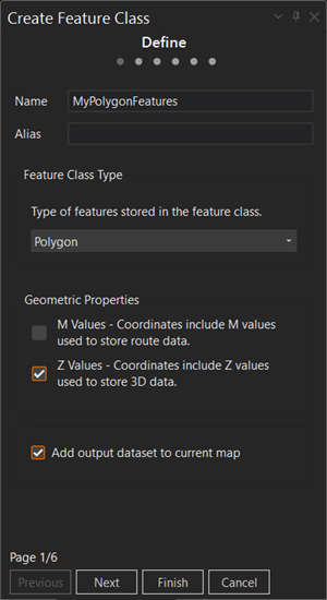 Create Feature Class pane