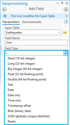 List of the supported data types to select from when adding a field in the Add Field geoprocessing tool.