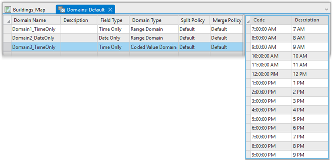 Examples of two range domains, 1 on a Time only field and 1 on a Date only field