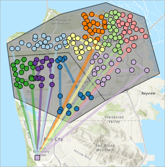 Orders and Depot Visits sublayers are assigned colors matching the route with which they are associated. Orders and Depot Visits sublayers are assigned colors matching the route with which they are associated.