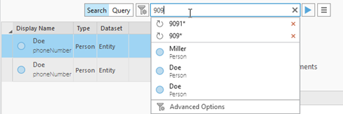 The search control lists recent searches associated with the current search text and the first three entities returned. The search control lists recent searches associated with the current search text and the first three entities returned.