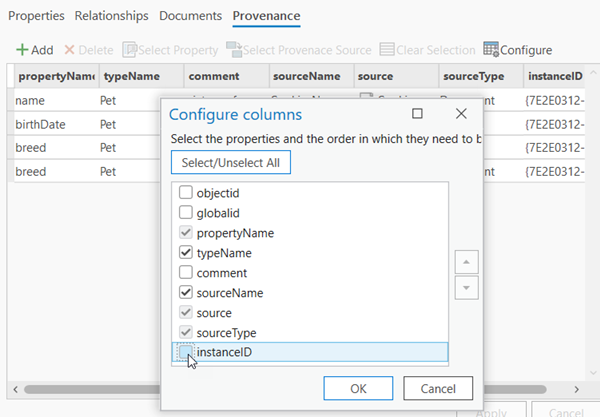Properties are checked and unchecked in the Configure columns dialog box. Properties are checked and unchecked in the Configure columns dialog box.