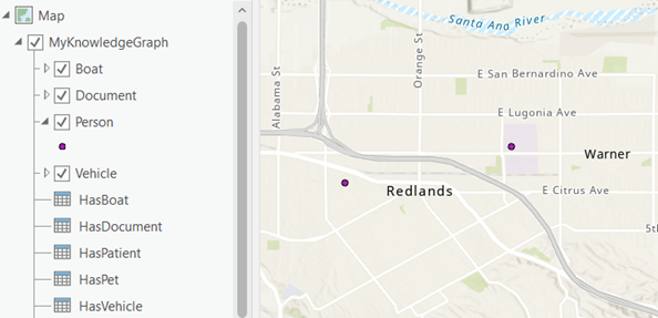 Entities with associated spatial features appear on a map. Entities with associated spatial features appear on a map.