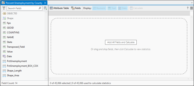 Data Engineering view with fields panel and empty statistics panel Data Engineering view with fields panel and empty statistics panel