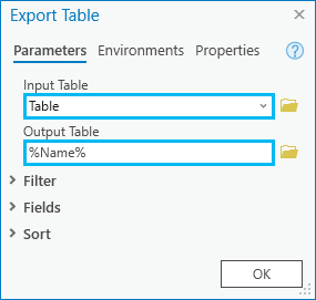 Export Table tool dialog box Export Table tool dialog box