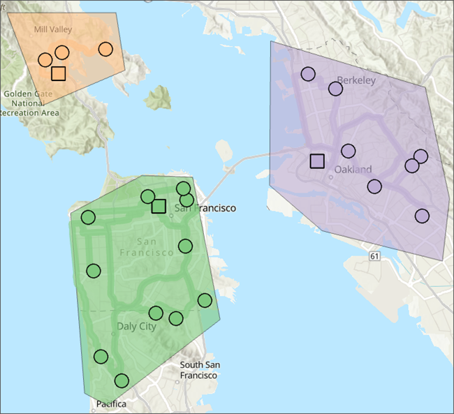 VRP solution with three routes servicing a set of orders with specialties VRP solution with three routes servicing a set of orders with specialties