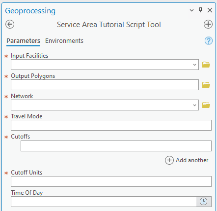 The script tool dialog box in the Geoprocessing pane showing all the parameters. The script tool dialog box in the Geoprocessing pane showing all the parameters.