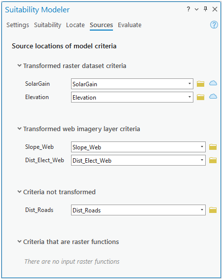 Sources tab in the Suitability Modeler pane Sources tab in the Suitability Modeler pane