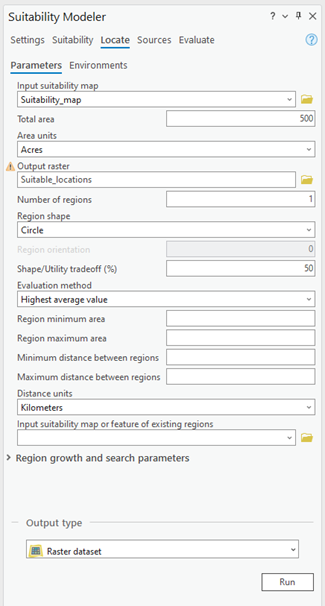 Locate tab of the Suitability Modeler pane Locate tab of the Suitability Modeler pane