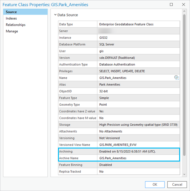 Feature class properties of a feature class with archiving enabled Feature class properties of a feature class with archiving enabled