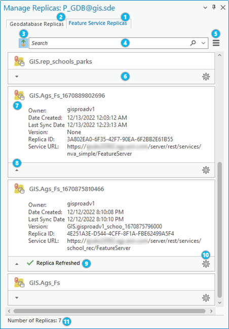 Elements of the Feature Service Replicas tab Elements of the Feature Service Replicas tab