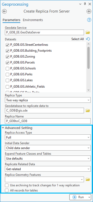 Advanced Setting fields on the Create Replica From Server geoprocessing tool dialog box Advanced Setting fields on the Create Replica From Server geoprocessing tool dialog box