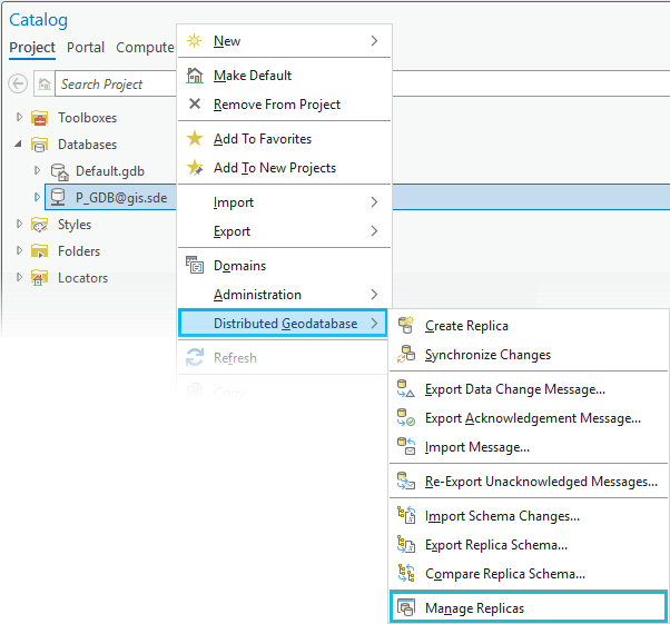 Manage Replicas on the Distributed Geodatabase context menu Manage Replicas on the Distributed Geodatabase context menu
